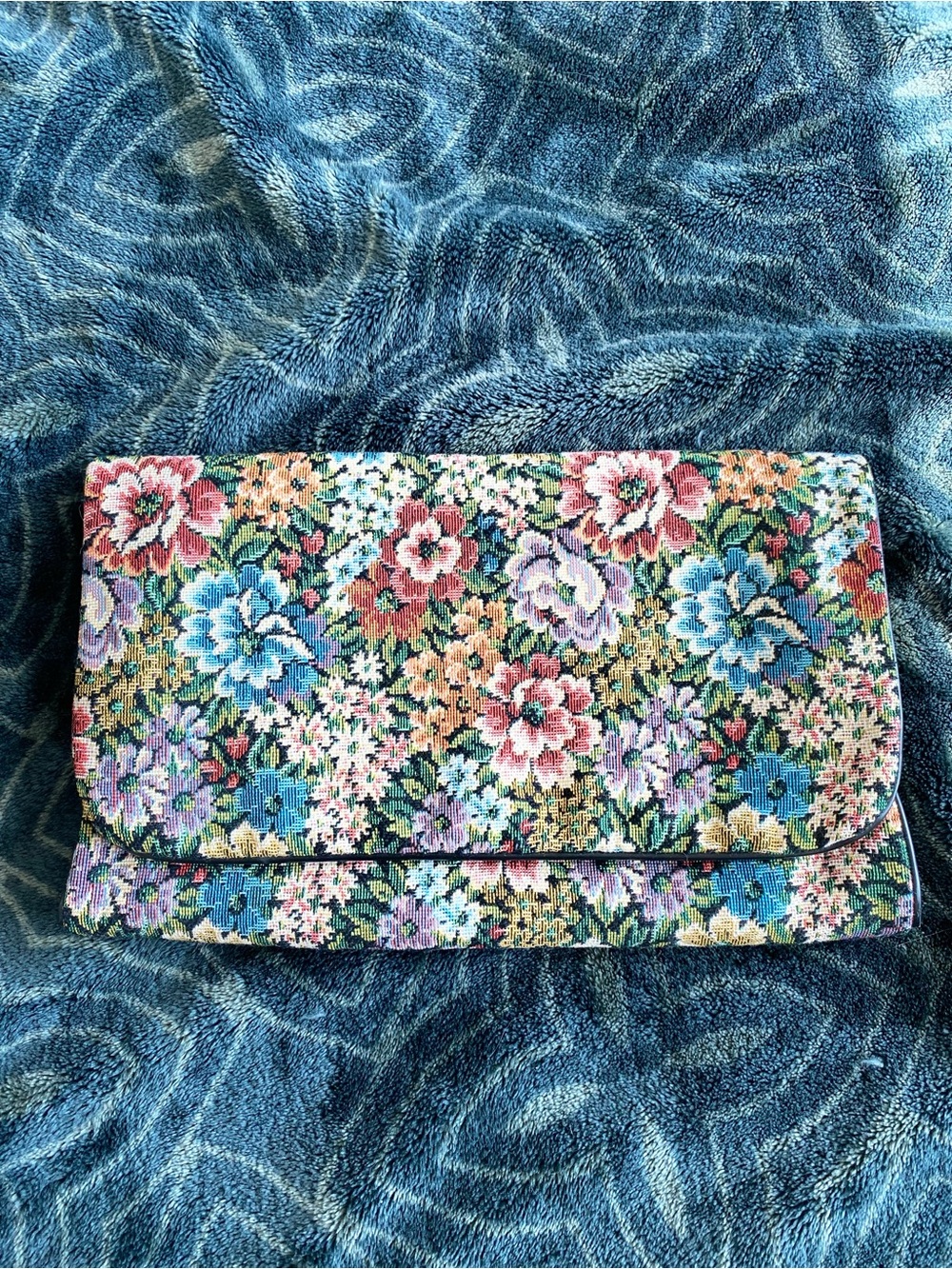 Vintage Floral Needlepoint Clutch in Blue, Pink, Green